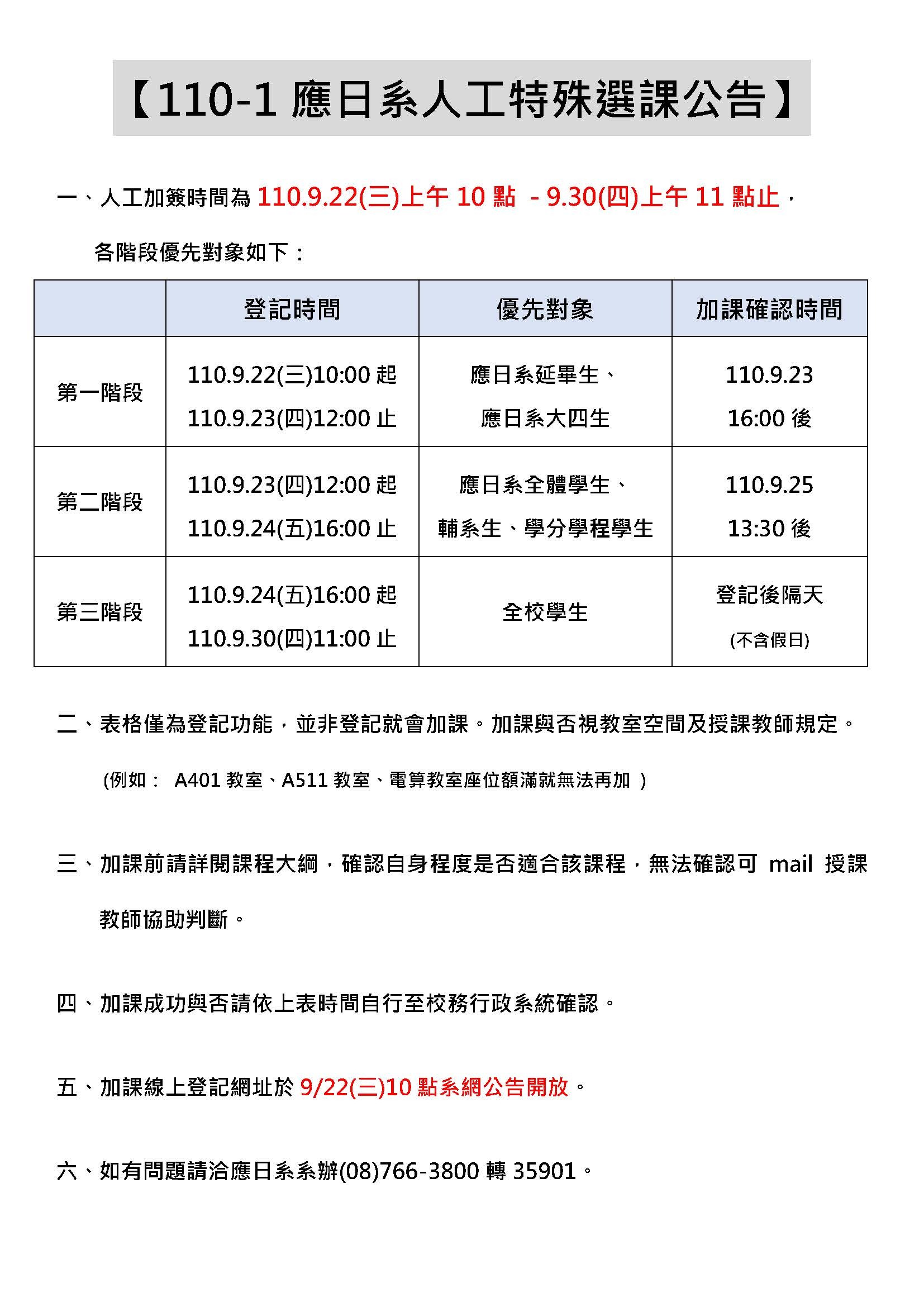 110-1應日系人工特殊選課公告